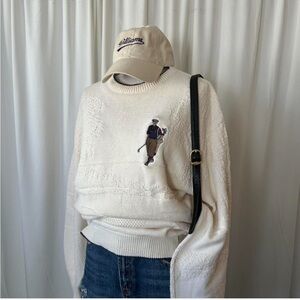 Vintage 90s Expressions knit golf sweater embroidered cream size Large.